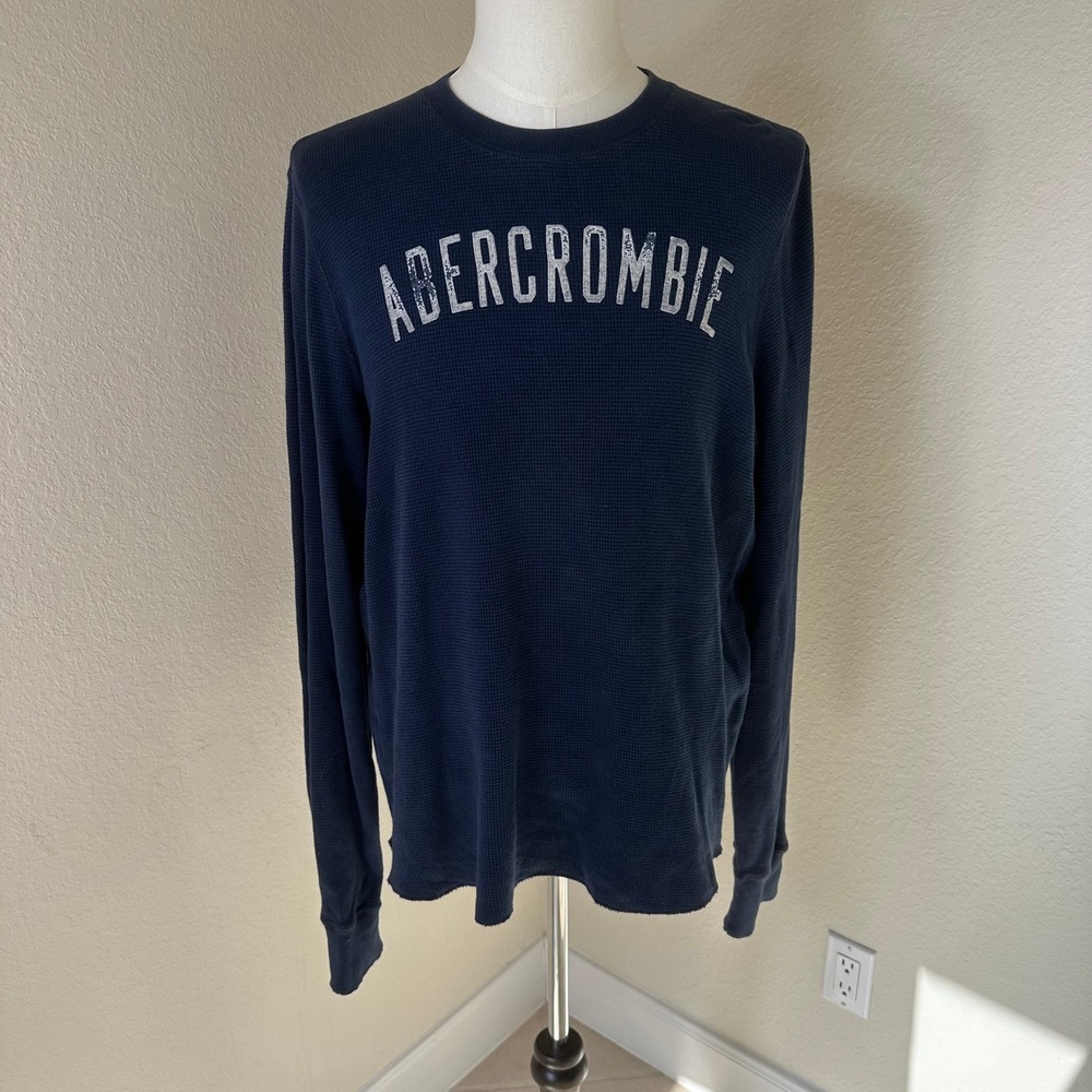 VTG Abercrombie Thermal Shirt‎ Mens L Navy Blue Waffle Knit Muscle Fit Logo Y2K